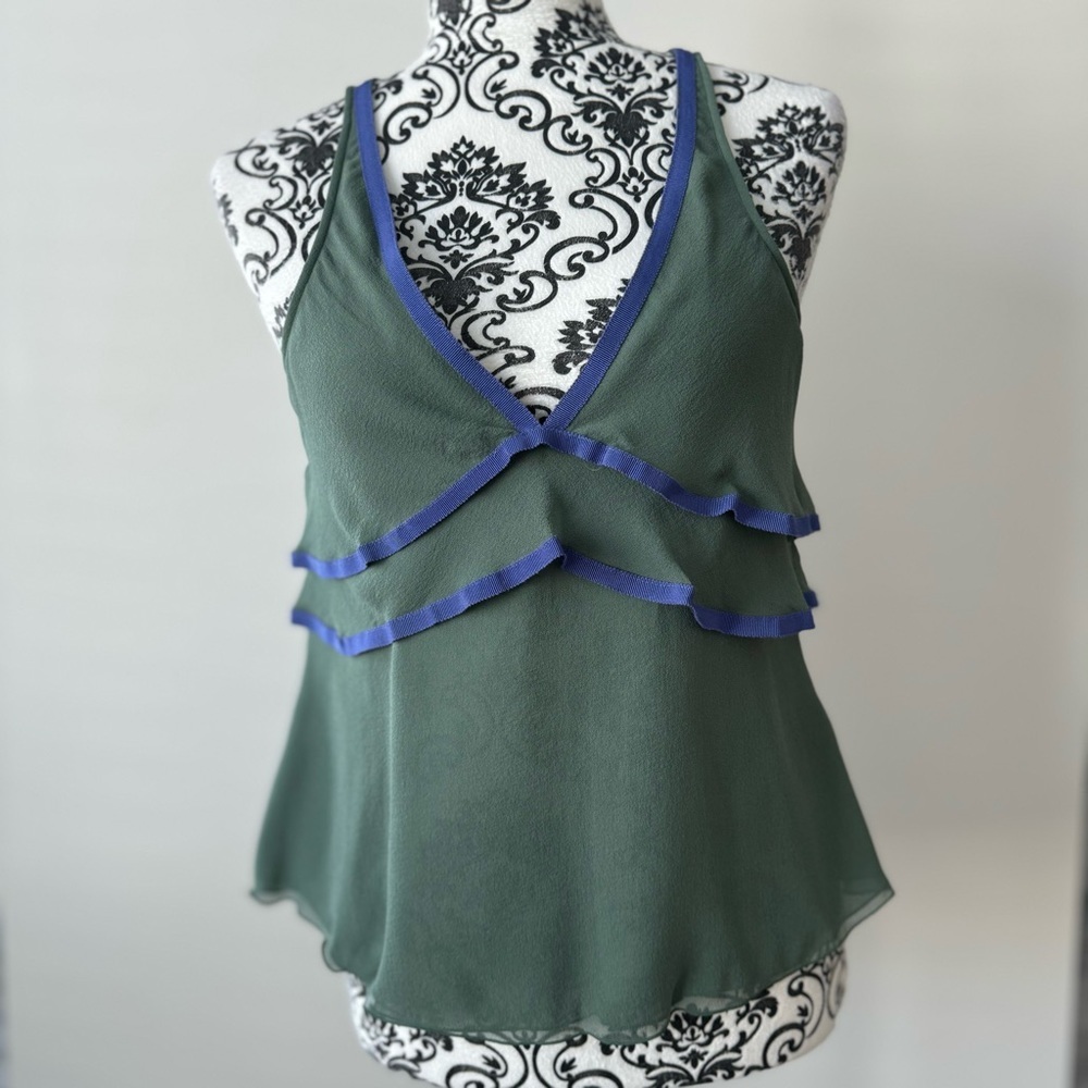 Emporio Armani 100% Mulberry Silk Sleeveless Tank Ruffle Top Green S